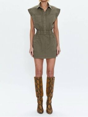 Pistola Rosie Olive Green Mini Dress XS Utility Shirt Dress Cinched Waist